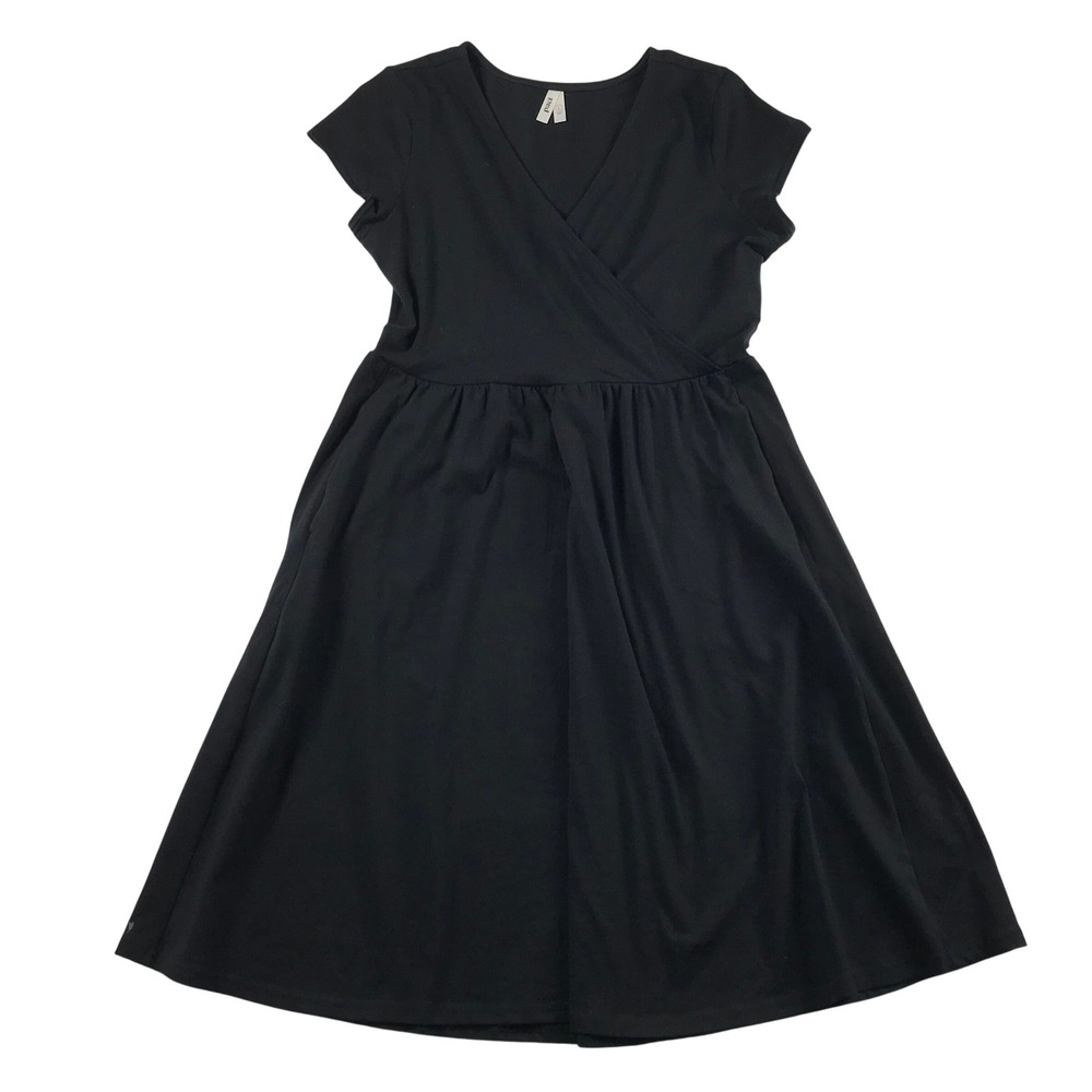 Pact Organic Cotton Wrap Front Fit and Flare Dress Black Large Short Sleeve LBD